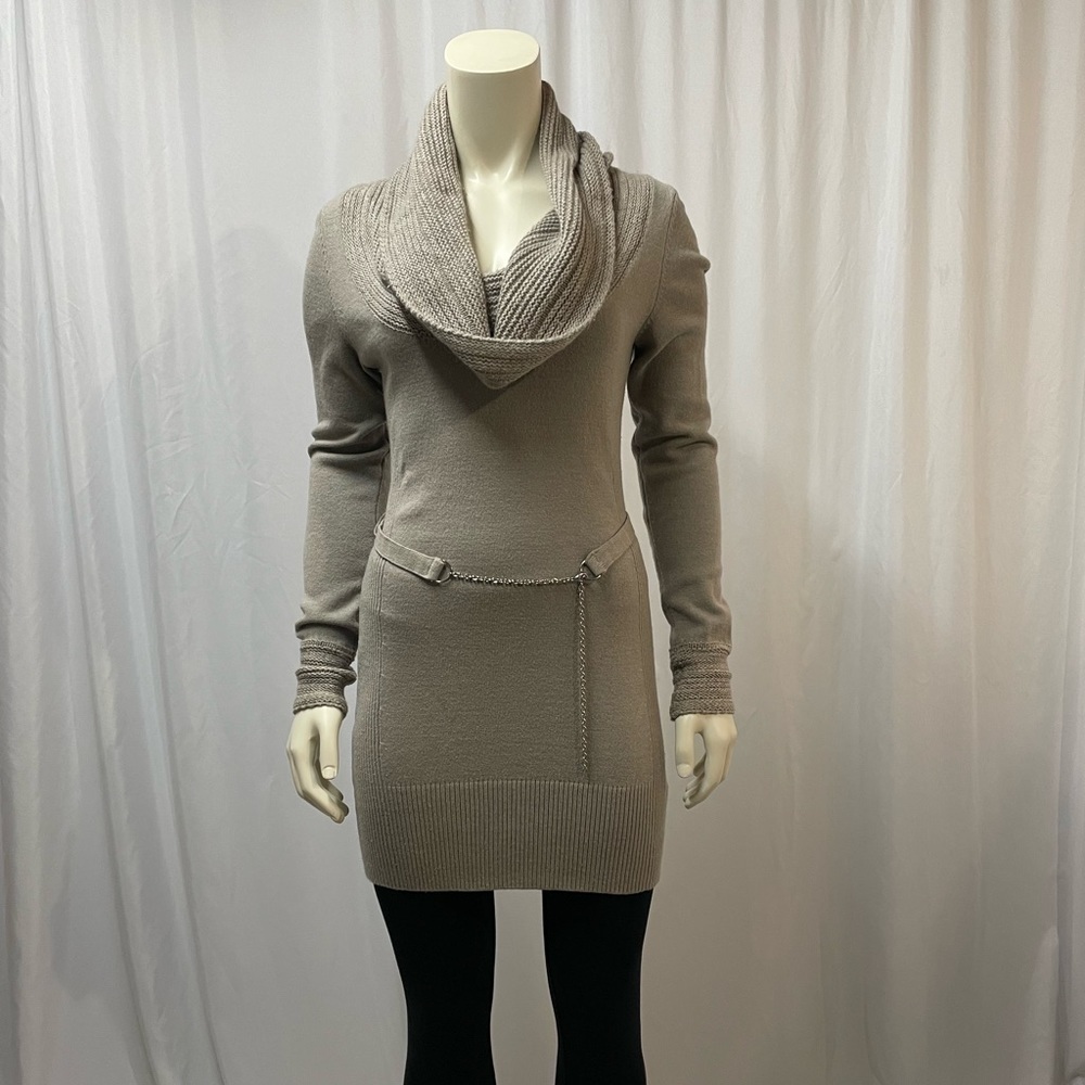 Le Chateau Tunic Sweater, Long Sleeve, Cowl Neck, Beige, Size Small W Belt
